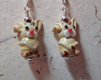 Floppy Earred Gray Tan Bunny Rabbit Earrings on silver Easter