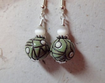 Ceramic Golem Bulgarian Bead Earrings Sage Green and Off White Beads on silver