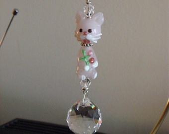 Pink Two Bead Kitty Cat  Suncatcher with Crystal on silver