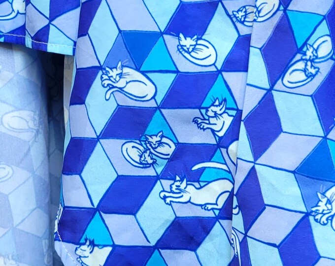 Cat Pattern High-Low Dress, Adjustable Straps, Cobalt Blue