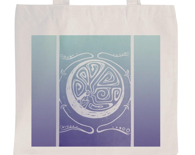 Woman in the Moon, Book Bag, Purple, Blue, Celestial, Mythical Character, Canvas, Art Tote, Fabulous Wallflowers, Original Art, Block Print