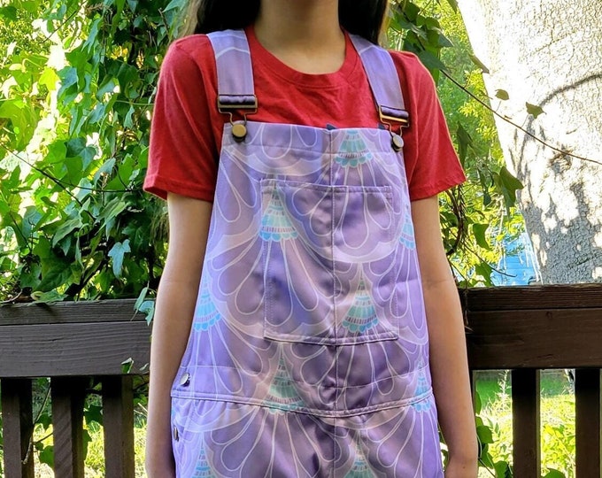 Hand Drawn Art Overalls, Mermaid Paisley, Purple, Turquoise, Blue, Paisley, Shorty Jumpsuit, Unisex, Shorts, Shorteralls, Nautical, Coverall