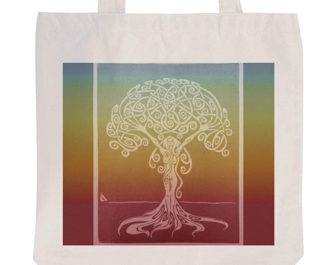 Rainbow Sunrise Dryad, Goddess, Tote Bag, Woman, Book Bag, Canvas Tote, Rainbow, Girl Power, Fabulous Wallflowers, Original Art, Block Print