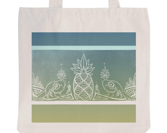 Sirens and Pineapple, Book Bag, Blue,Gold, Tropical, Mythical Character, Canvas Tote, Ombre, Fabulous Wallflowers, Original Art, Block Print