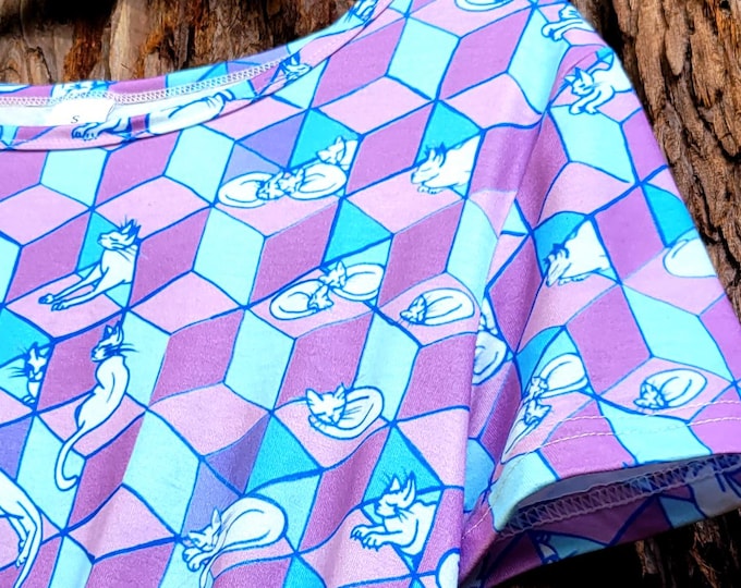 Cats Love Boxes, Dress with Pockets, Geometric Pattern, Vapor Pink & Blue