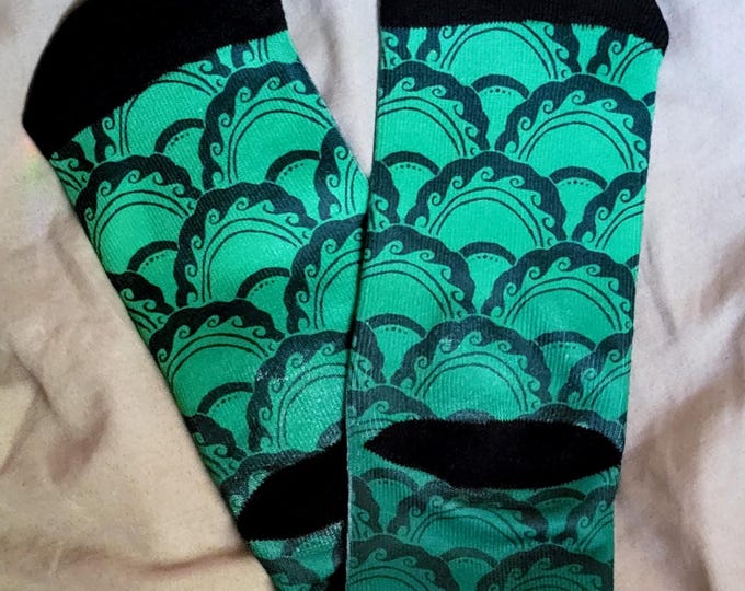 Mermaid Paisley Print Socks, Ariel Green Ombre Fish Scales