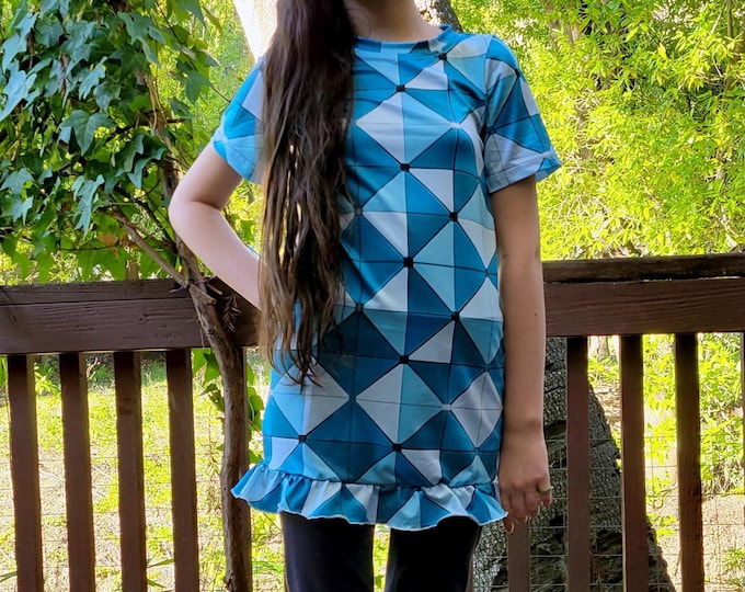Building Bricks, Aqua Blue, Triangles, Building Blocks, Geometric Pattern, Kids Dress, Ruffle Dress, Tee Shirt Dress, Short Sleeve Dress