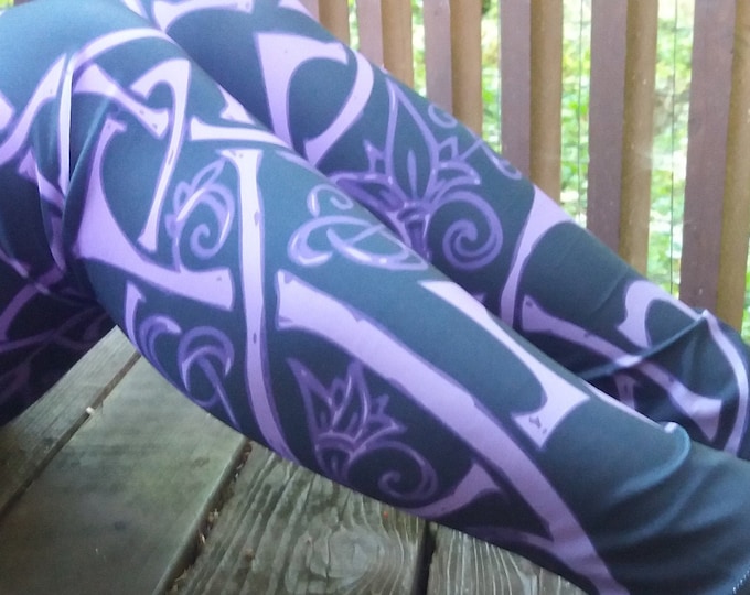 Wild Celtic Branches, Purple Celtic Knot Ombre Leggings, Flowers, Knotwork, Tangled, Vines, Raver, Festival, Festival Pants, Electric Purple