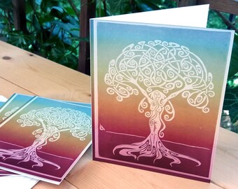 Dryade du lever du soleil, cartes de correspondance, paquet de 5 ou de 10, arc-en-ciel, arbre, déesse, Drayd, femme, déesse carte, girl power, carte de voeux, papeterie, art, oeuvre d&#39;art originale