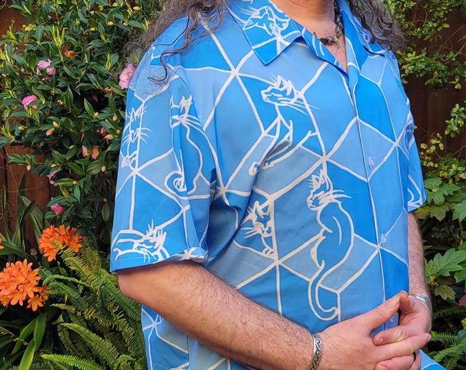 Cats & Boxes, Button-Up Shirt, Geometric Optical Illusion, Blueprint