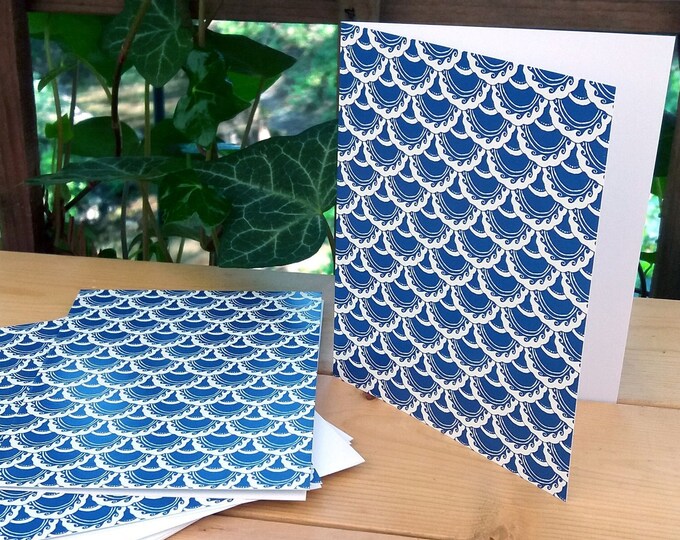 Hand Drawn Mermaid Scales, Note Card, 5 or 10pk, Blue, White, Mermaid, Mermaid Scale, Fish Scale, Mermaid Card,Greeting Card, Original Art