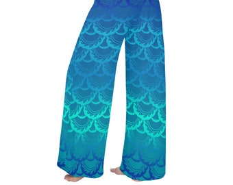 Original Mermaid Scales, Wide Leg Pants, Yoga Pants, Bell Bottom, Stretch,Pants, Blue Ombre, Mermaid Pants,Art by Laura Cesari for Caballera