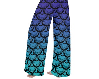 Original Mermaid Scales, Wide Leg, Palazzo, Bell Bottom, Stretch,Pants, Blue, Purple Ombre, Mermaid Pants, Art by Laura Cesari for Caballera