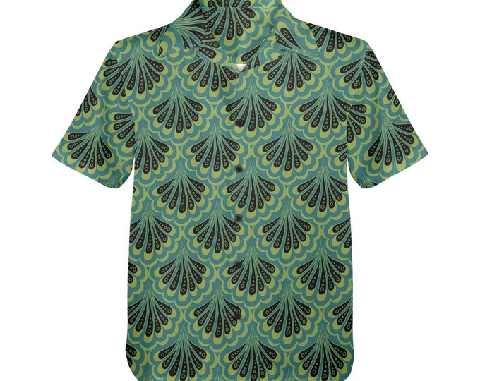 Green Merman Shirt, Scallop Maille,Hand Drawn,Fish Scales, Merman, Button-Up Shirt,Hawaiian, Nautical,Made in USA,Mens, Unisex, Original Art