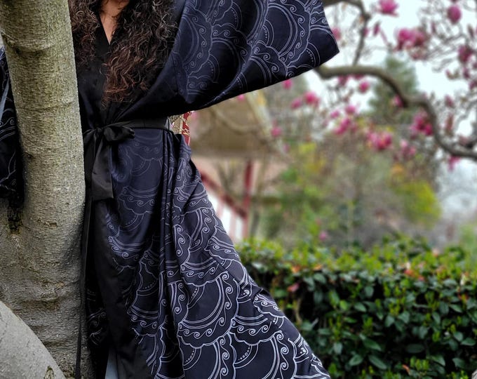 Hand Drawn Mermaid Art, Kimono Robe, Black, White, Mermaid Scale, Mermaid, Kimono, Robe,Original Art,Lingerie,Mermaid,Laura Cesari,Caballera