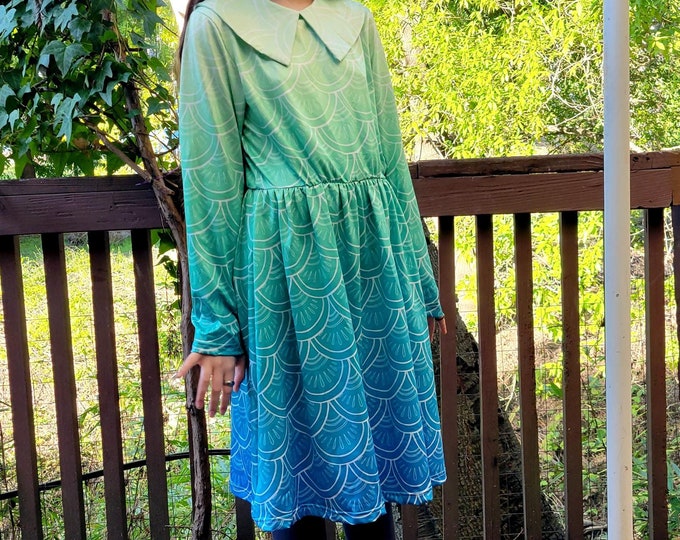 Kids Mermaid Dress, Aqua, Green, Blue, Mermaid Paisley, Ocean Drop, Mermaid Dress, Long Sleeve Dress, Mermaid, Mermaid Scale, Hand Drawn Art