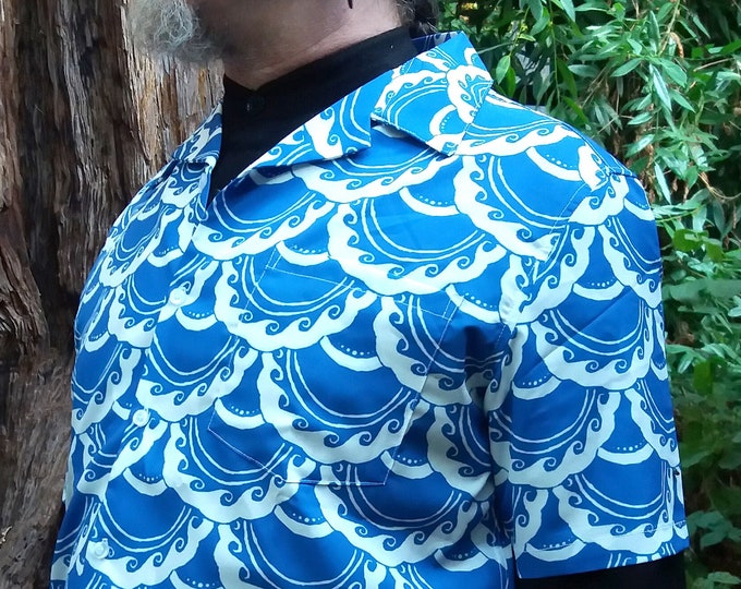Button-Up Shirt, Fish Scale, Swirly, Blue,White, Ocean, Mermaid Scales, Hawaiian Shirt, Button Up Shirt, Hand Drawn, Original Art, Caballera