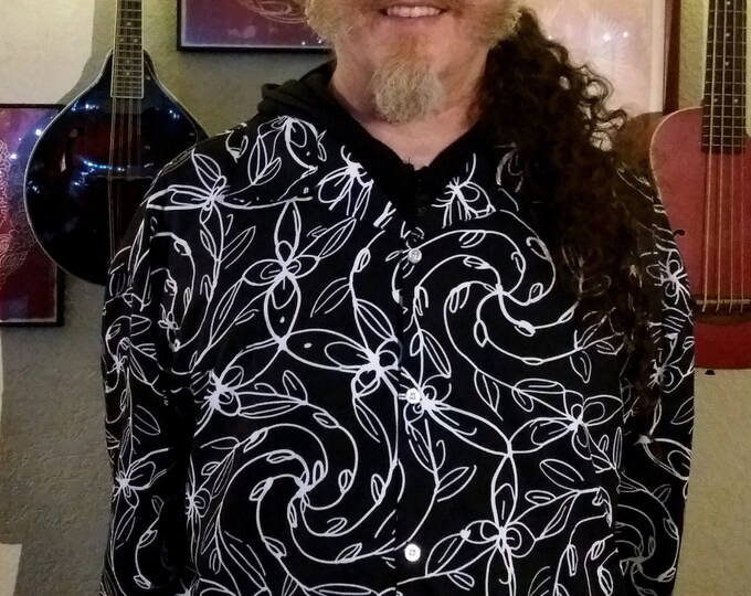 Spiral Vines, Black and White, Button-up Shirt, Size Small to 5XL, Spiral,Swirl, Mens Shirt, For Him, Button Shirt, Original Art, Hand Drawn