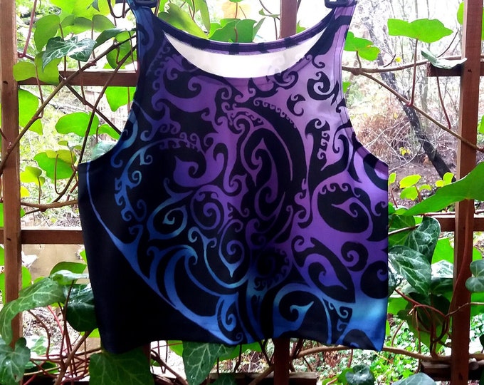 Ice Valkyrie Workout Top, Celtic Spiral, Swirl, Ombre, Purple Ombre, Blue Ombre, Yoga, Swimsuit, Crop Top,Swim Top, Original Art, Hand Drawn