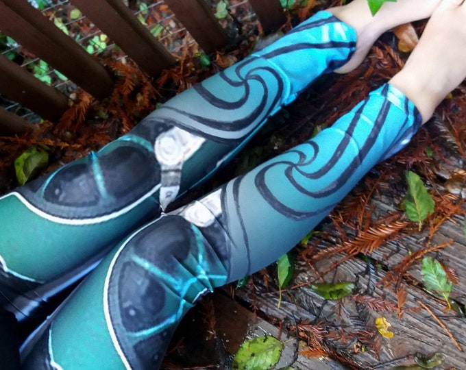 River Spirit II, Mecha Mermaid Armor, Steampunk, Blue,Mechanical,Festival,Tech,Rave,Turquoise,Cyberpunk, Leggings, Hand Drawn, Original Art