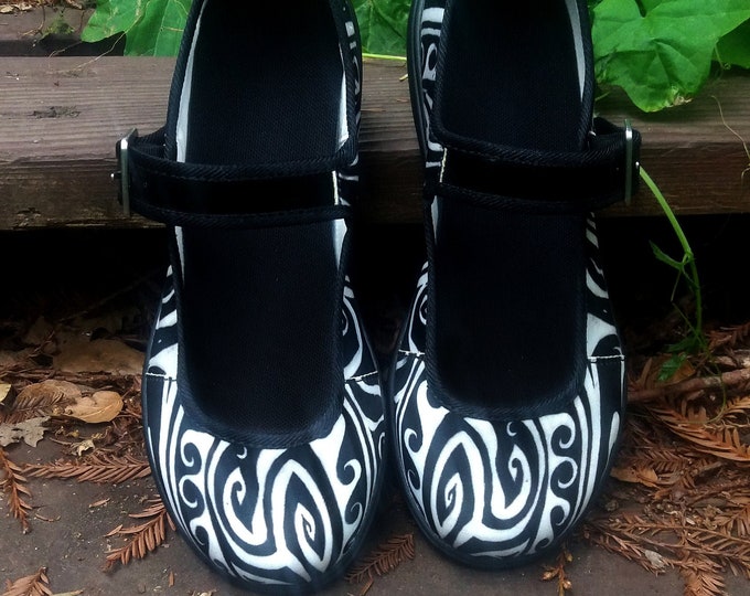 Shark Away!, Mary Janes, Black & White, Stripe, Womens Shoes, Spiral,Shark, Black White Shoes,Waves, Symmetry, Shark Repellent, Original Art