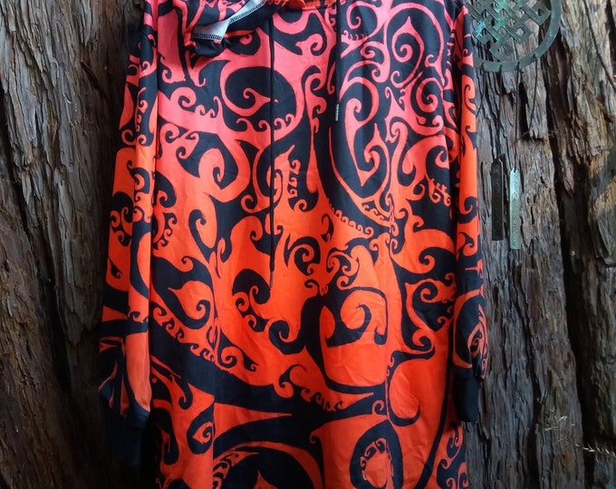 Hoodie Dress, Autumnal Ombre, Swirl, Spiral, Long Hoodie, Sweatshirt Dress, Celtic Spiral Dress, Red, Orange,Ombre, Original Art, Hand Drawn