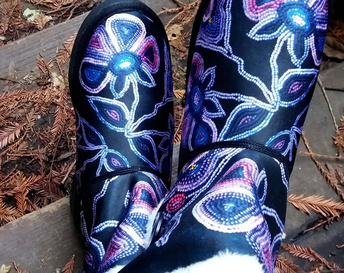 Wild Beaded Flower Snow Boots, Purple, Blue, Galaxy, Bead Embroidery Print, Art Deco, Boho, Faux Bead, Beads, Magenta,Boot,Original Beadwork