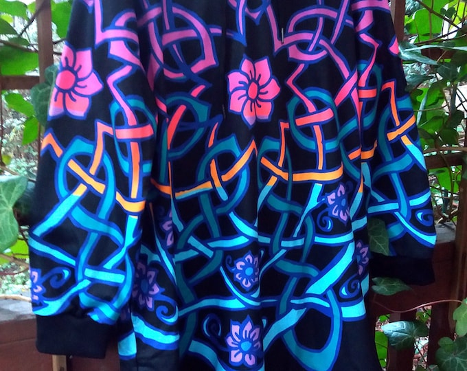 Hoodie Dress, Celtic Flower, Black Light Rainbow, Long Hoodie, Sweatshirt Dress, Celtic Knot Dress, Blue, Purple, Original Art, Hand Drawn