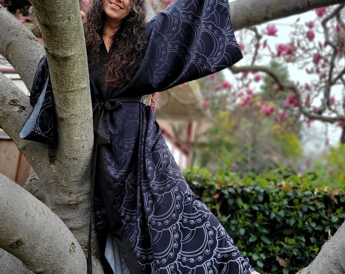 Mermaid Scale Kimono Robe, Black and White Ombre, Hand Drawn Paisley