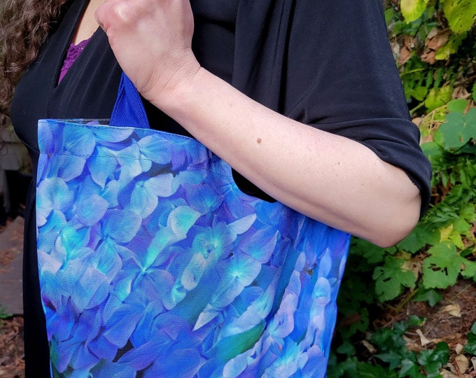 Blue Hydrangea,Tote Bag, TieDye Garden, Original Art, Blue,Purple, Flowers, Floral,TieDye,Dream,Book Bag,Canvas, Bag,Designer Tote,Caballera