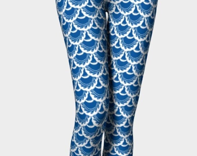 Swirly Mermaid Leggings,Blue,White,Mermaid Scales,Mermaid Pants,Fish,Mermaid,Mermaid Costume,Workout Pants,Hand Drawn,Original Art,Caballera