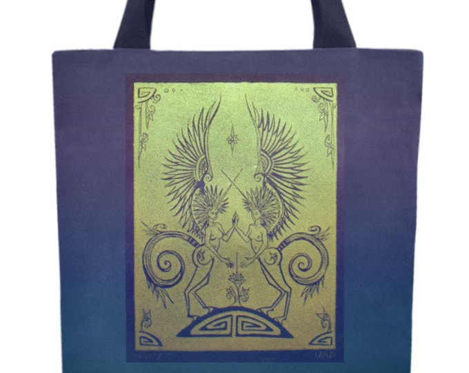 Original Art, Pegasus, Book Bag, Blue, Gold, Tropical, Mythical, Goddess, Canvas, Tote, Ombre, Fabulous Wallflowers, Hand Drawn,Laura Cesari