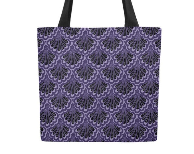 Mermaid Tote Bag, Original Art,Scallop Maille,Purple,Black,Mermaid Scale,Paisley, Beach,Book Bag,Canvas Designer Tote,Laura Cesari,Caballera