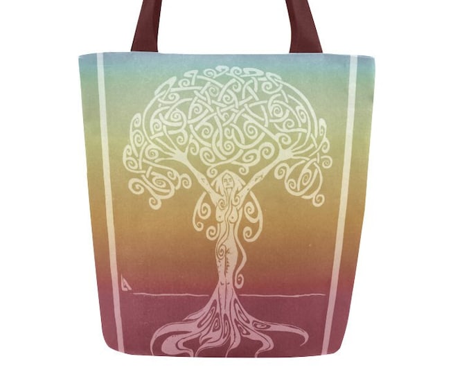 Rainbow Sunrise Dryad Tote Bag, Handmade Block Print, Tree Woman Goddess