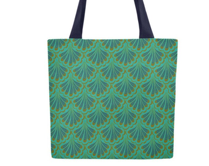 Mermaid Tote Bag, Original Art,Scallop Maille,Aqua, Green,Mermaid Scale,Paisley, Beach,Book Bag,Canvas, Designer Tote,Laura Cesari,Caballera