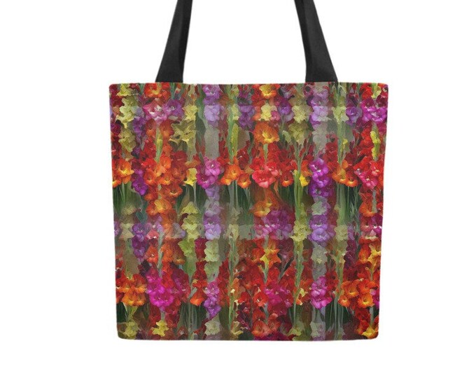 Summer Gladiolus, Plaid Garden,Original Art,Purple, Red,Green,Flowers, Floral,TieDye,Plaid,Tote, Book Bag,Canvas,Bag,Designer Tote,Caballera