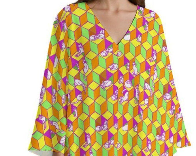 Cats in Boxes, Geometric Optical Illusion, Tropical Rainbow Sherbet Caftan