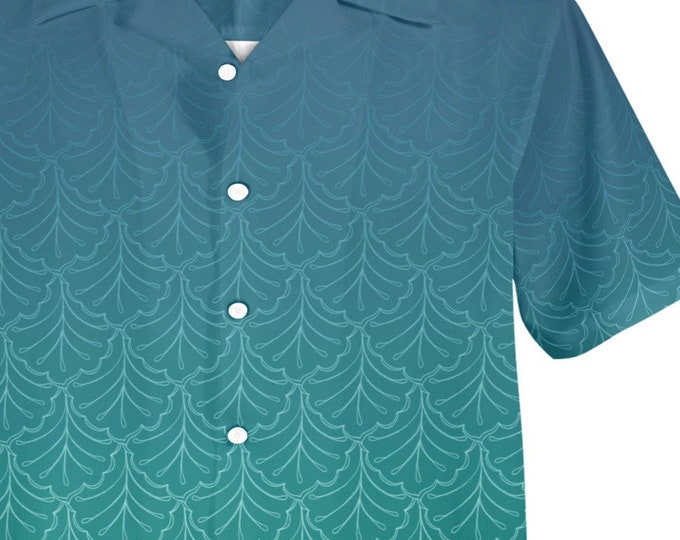 Teal Leaves,Hand Drawn Leaf Pattern,Silenus, Ink Drawing, Button-Up Shirt, Woodland, Forest,Made in USA,Mens, Unisex, Original Art,Caballera