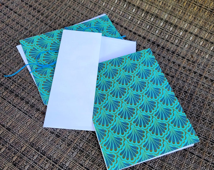 Scallop Maille, Hand Drawn Mermaid Scales, Aqua, Green, Note Card, Ocean, Stationery, Fish, Mermaid Card, Paisley, Ink Drawing, Original Art