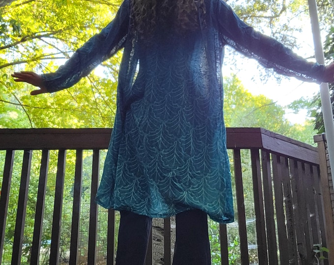 Teal Leaves Cardigan, Hand Drawn Silenus Leaf Pattern, Lightweight Sweater
