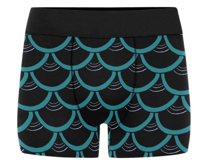 Hand Drawn Merman Briefs, Sea Blue, Teal, Summer, Shorts, Boyshorts, Underwear, Merman, Mermaid Print, Fish Scales, Original Art,Made in USA