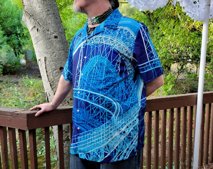 Rollercoaster Dream 1, Blueprint, Button-Up Shirt, Blue, White, Architect, Hawaiian Shirt, Short Sleeve,Indigo, Big,Large Size, Original Art