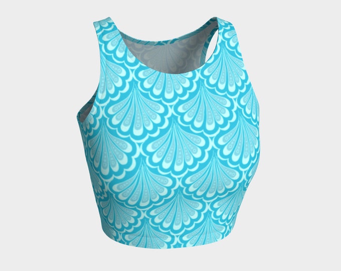 Scallop Maille, Sea Blue, Mermaid Scales, Hand Drawn, Blue,Mermaid,Crop Top,Swim Top,Bikini Top,Bikini Maille,Yoga Top,Workout, Original Art