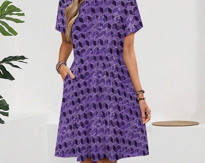 Cats in Boxes, Geometric Optical Illusion, Royal Purple, Gathered Tee Shirt Dress with Pockets