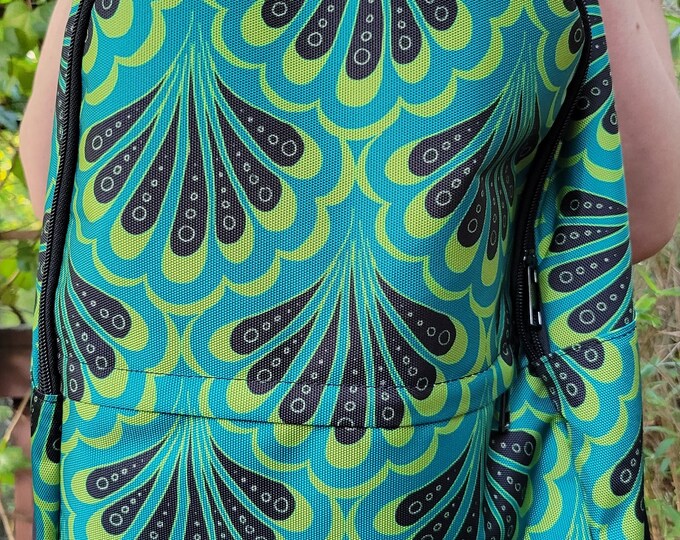 Mermaid Backpack, Original Art,Scallop Maille,Aqua, Green,Mermaid Scale,Paisley, Beach,Book Bag,Canvas, Designer Tote,Laura Cesari,Caballera