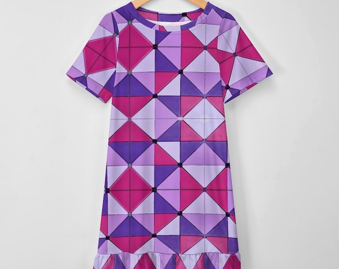 Purple & Pink Building Bricks, Kids Short-Sleeve Tee Shirt Ruffle Dress, Geometric Pattern