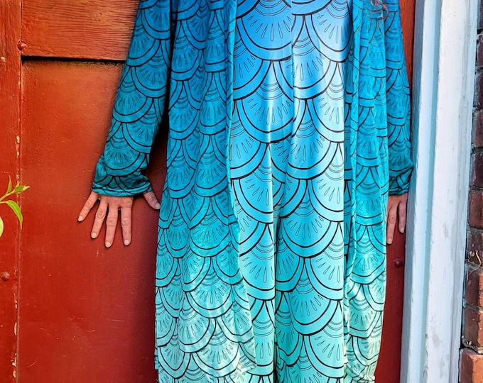 Mermaid Paisley Cardigan Jumpsuit Set, Aqua Ombre Two-Piece Suit