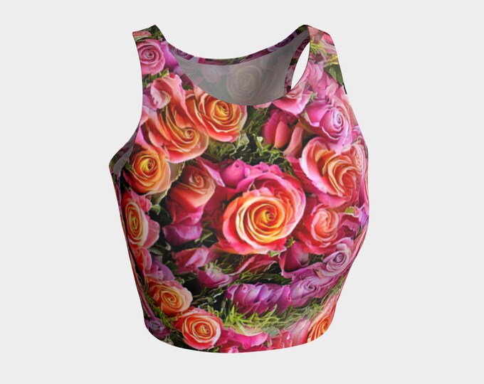 Pink Roses,Crop Top,Night Blooming Garden,Rose,Roses,Flower Top,Floral,Swim Top,Bikini Top,Workout Top,Pink,Boho,Rave,Original Art,Caballera