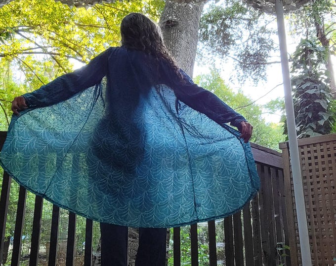 Teal Leaves Cardigan, Hand Drawn Silenus Leaf Pattern, Lightweight Sweater
