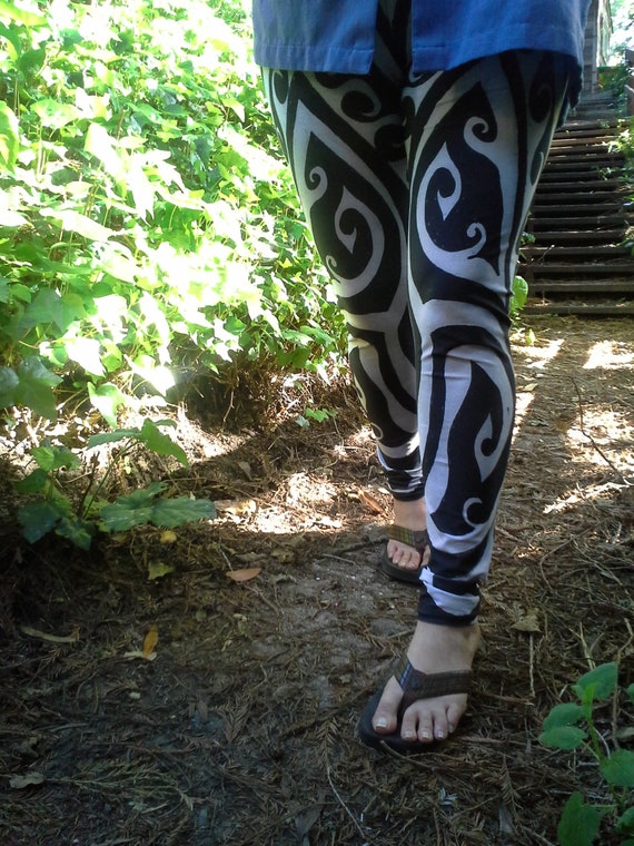 Shark Away II, Black & White Stripe Leggings, Greek, Polynesian, Spiral,  Shark Pants, Waves, Tights, Symmetry, Shark Repellent, Original Art 